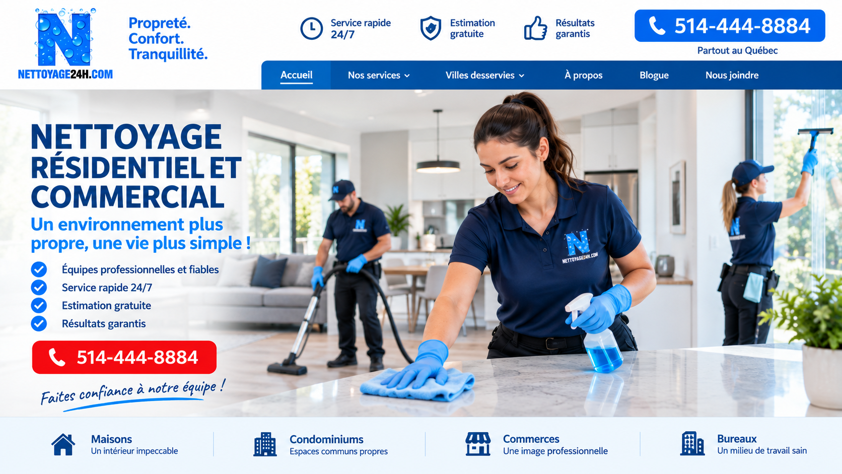 Équipe professionnelle de Nettoyage24h effectuant un nettoyage résidentiel et commercial